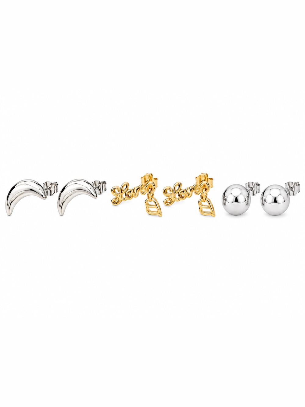 3 Pair Stud Earring Set Silver Crescent Gold Love Dangle Ball Studs